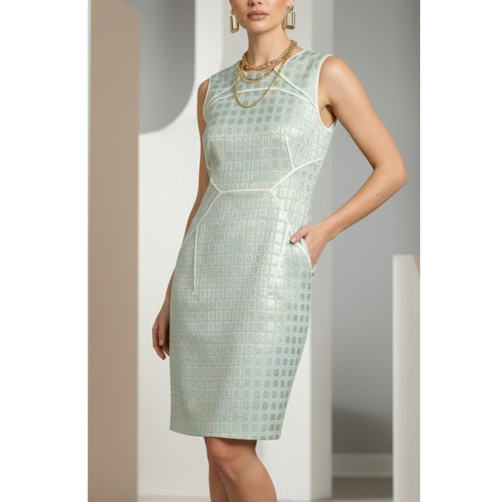 Per Se by Carlisle Metallic Aqua Sheath Dress Women's 6 Jacquard Silk Mod 50s